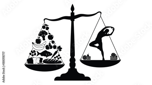 Silhouette of balance scale comparing healthy food choices against yoga fitness and sweets treats