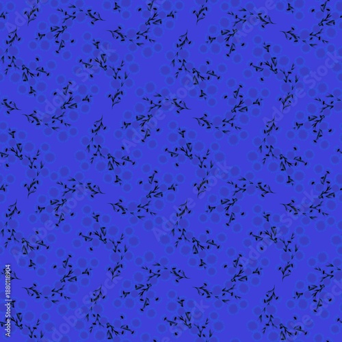 Minimal seamless pattern with black branches and leaves on blue background. Subtle circular texture adds depth. Ideal for modern textiles, wallpapers, or elegant packaging