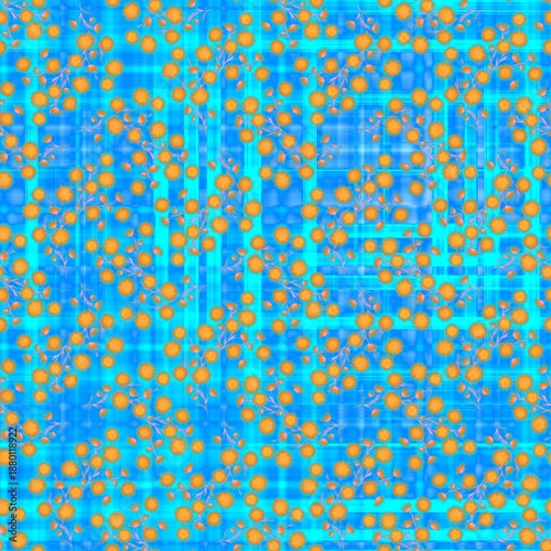 Colorful seamless pattern with orange floral motifs over blue plaid background. Dynamic layering and vibrant contrast suit fashion, accessories, or bold interior accents