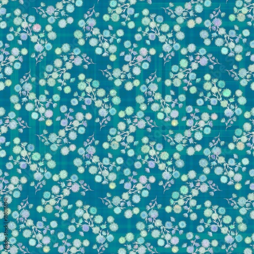 Elegant seamless pattern with pastel flowers on vibrant blue background. Soft tones and intricate detailing create tranquil design for textiles, wallpapers, or gift packaging