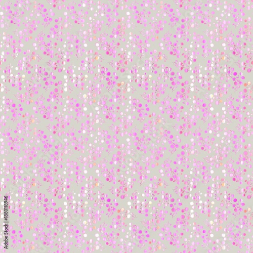 Whimsical seamless pattern with pastel flowers and white dots on taupe background. Balanced layout and soft palette ideal for nursery decor, stationery, or feminine fashion