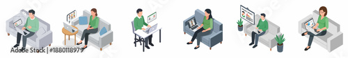Isometric People Working Remotely with Laptop and Computer Illustration Set
