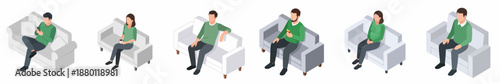 Isometric Diverse People Sitting on Sofa Couch Relaxation Illustration Set