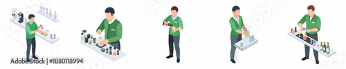 Isometric Young Man Bartender Preparing Drink In A Bar Interior Scene