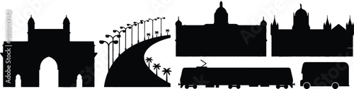 umbai city skyline silhouette set featuring Gateway of India Marine Drive and colonial buildings with local train and double decker bus for maharashtra tourism travel promotion symbol.