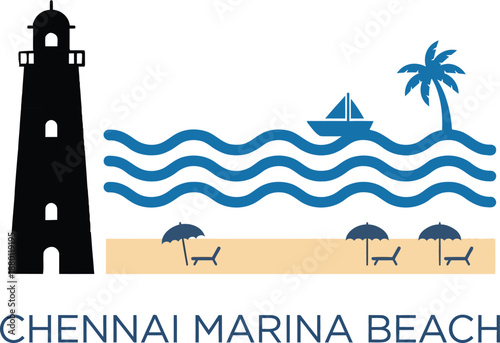 Chennai Marina Beach landmark icon featuring tall lighthouse blue sea waves boat and coconut palm tree on sandy shore with umbrellas for tamil nadu tourism travel vacation symbol set.