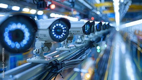 A row of security cameras is positioned on a rail in a well-lit facility. These cameras are set up to monitor the area for safety and security. Their design allows for efficient surveillance