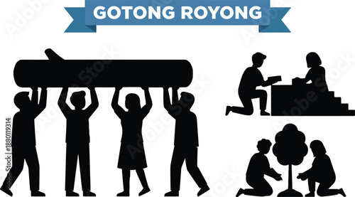 Indonesian mutual cooperation concept gotong royong silhouette set showing people carrying log building wall and planting tree together for community service teamwork project icon.