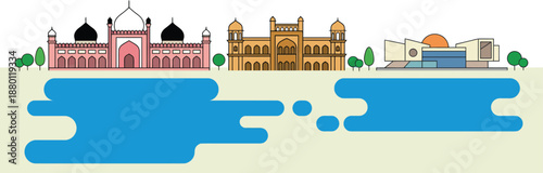 Dhaka city landmarks skyline featuring Ahsan Manzil pink palace Curzon Hall university and National Parliament assembly building for Bangladesh travel tourism promotion design banner.