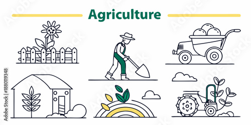 Agriculture and Farming Line Art Icons Set.