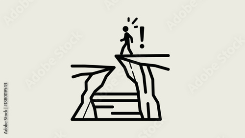 Person crossing a narrow bridge over a deep chasm with an exclamation mark.