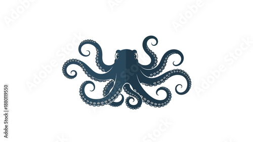 Dark blue octopus with curled tentacles on white background.