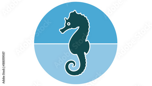Stylized seahorse icon in a circular blue frame.