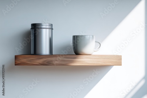 Metal Kitchen Canister and Mug Mockup on Floating Wooden Shelf