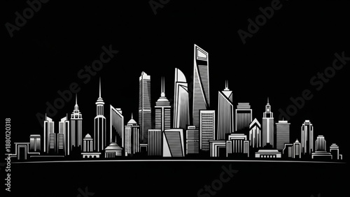 A grayscale city skyline with various skyscrapers and buildings
