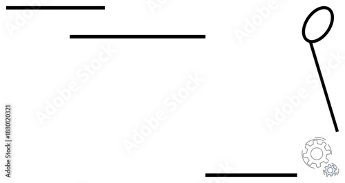 Abstract design, engineering concepts, process visualization, minimalism, creativity, modern visuals. Black lines, an oval and gears in a clean white composition. Engineering concepts and process