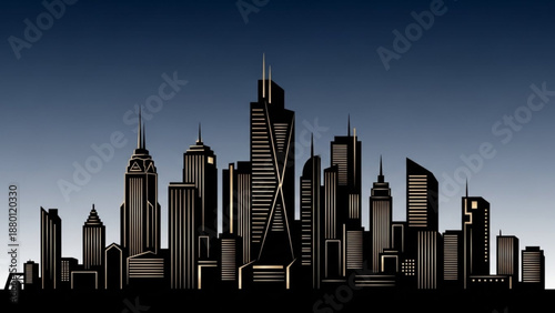 City skyline silhouette at dusk with tall skyscrapers and buildings