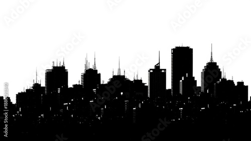 Black silhouette of a city skyline with tall buildings at dusk or night