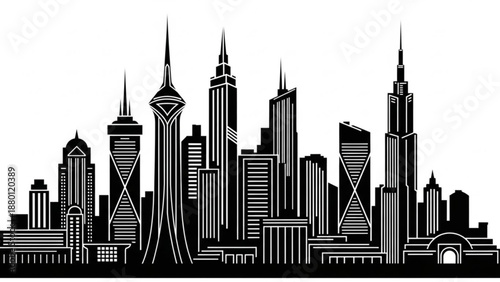 Black and white illustration of a city skyline with tall buildings