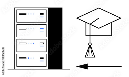 Education technology concept. The combination of data servers and a graduation cap education technology. Education technology enables learning through digital resources. Useful for edtech, knowledge