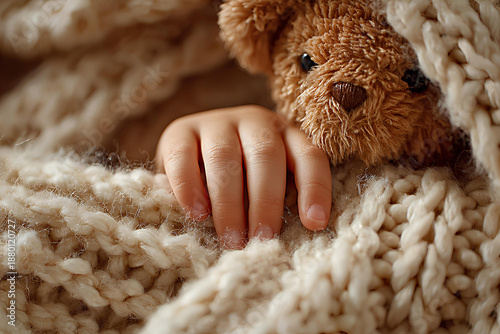Close-up of newborn baby hand holding teddy bear in knitted blanket