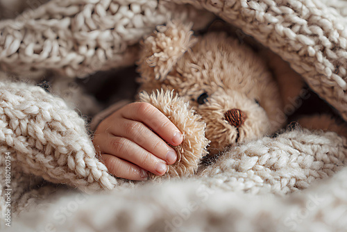 Close-up of newborn baby hand holding teddy bear in knitted blanket