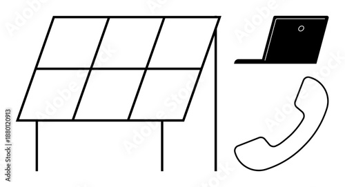 Renewable energy, communication, technology, sustainability, resource management, innovation. Minimalist ion of a solar panel, laptop and telephone. Renewable energy and communication concept
