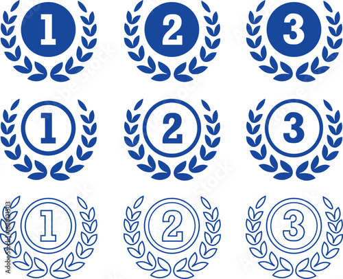 Top three achievement laurel wreath icons set for awards and rankings