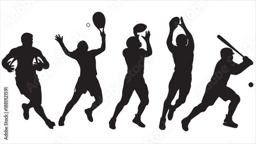  Sports Athlete Silhouette Set – Hockey, Football, Basketball, Rugby, Baseball, Tennis Vector Illustrations of People