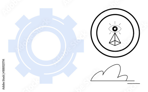 Technology, vision, innovation, future, mechanics, symbolism. Eye within geometric shape beside a gear. Technology and vision concept with a modern and symbolic design