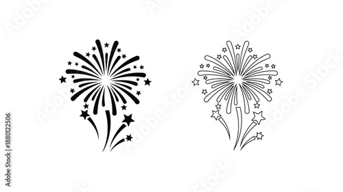 Two firework displays with scattered stars presented as a bold silhouette