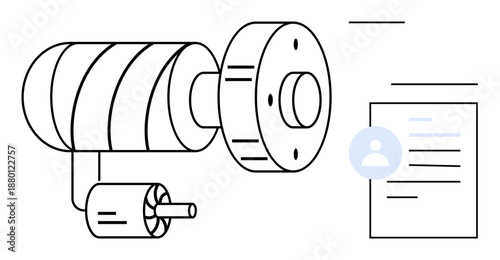 Engineering, manufacturing, industrial design, technical documentation, machine operation, electrical systems. A motor and cylinder schematic alongside a document icon. Engineering and manufacturing