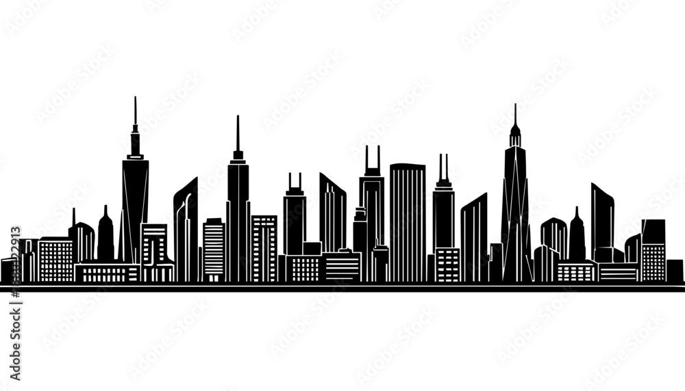 Obraz premium Skyline-Silhouetten von Städten. Die feinen architektonischen Details kommen besonders auf glatten Oberflächen gut zur Geltung.KI Generiert