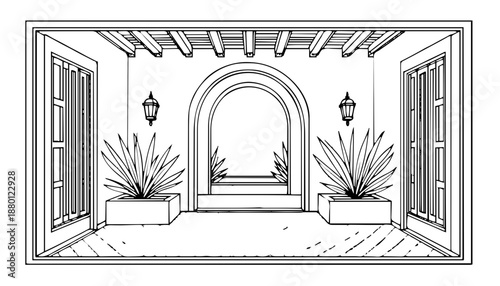 Torhöfe & Arkaden: Perspektivische Zeichnungen von mediterranen oder orientalischen Durchgängen und Innenhöfen.KI Generiert