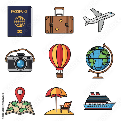 A collection of nine flat design icons representing various aspects of travel and vacation planning