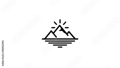 Berg-Icons: Minimalistische Darstellungen von Berggipfeln über Wasserlinien im modernen Flat Design.KI Generiert
