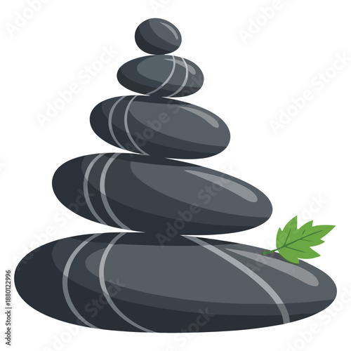 Photography A stylized illustration of balanced dark grey zen stones with a small green leaf