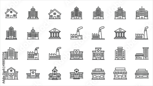 Building and Architecture Line Icon Set. City, Factory, Hospital, School and Store Outline Symbols.eps
