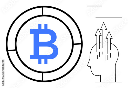 Bitcoin concept. Bitcoin symbol with futuristic arrows growth and innovation. Bitcoin as a cryptocurrency revolution changing investments. For futuristic technology, finance, digital assets