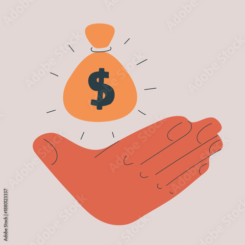 Cartoon vector illustration of hand holding money bag symbolizing savings, wealth, financial security and investment concept