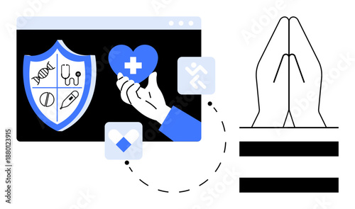 Shield with medical icons, heart in hand with healthcare cross, dotted path, and praying hands. Ideal for healthcare, well-being, digital support, medical aid, hope safety simple flat metaphor