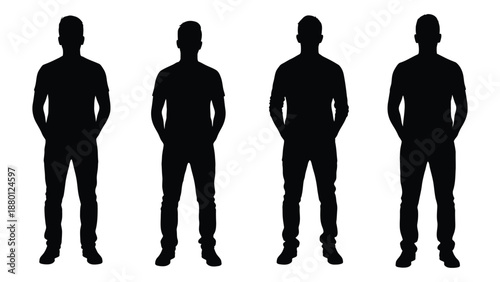 four men standing in a row with hands on hips silhouettes