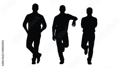 Three black silhouettes of men running in different poses on white background
