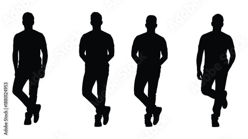 four black silhouettes of men in different poses on white background