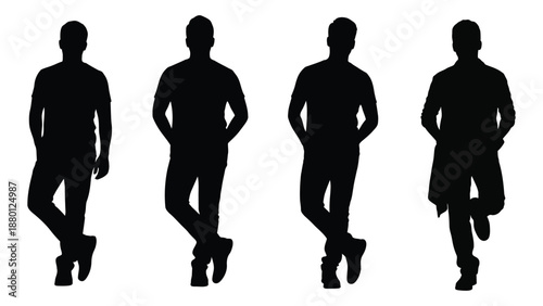 four black silhouettes of men in different poses on white background