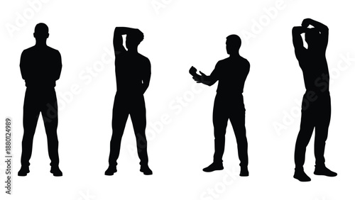 Four black silhouettes of men in different poses on a white background