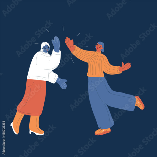 Cartoon vector illustration of elderly woman giving high five to young person, intergenerational connection, friendship and positivity concept