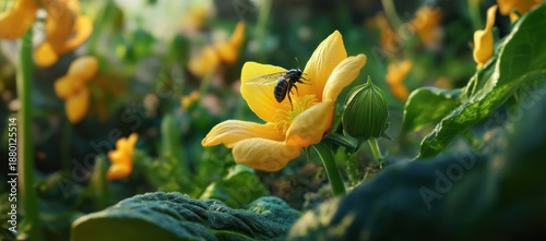 Macro photograph showcasing a bee collecting pollen on a vibrant yellow flower