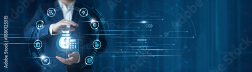 Businessman hand hold budget planning system, financial forecasting tools, cost control analytics, strategic business management