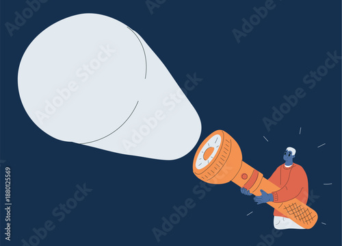 Cartoon vector illustration of man shining flashlight in dark background, exploration, search and discovery concept